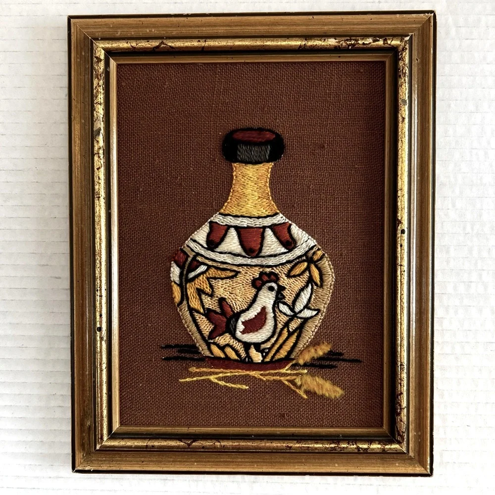 Vintage Sunset Designs Crewel Embroidery SW Native American Vase Wall Art Pair - Picture 2 of 13